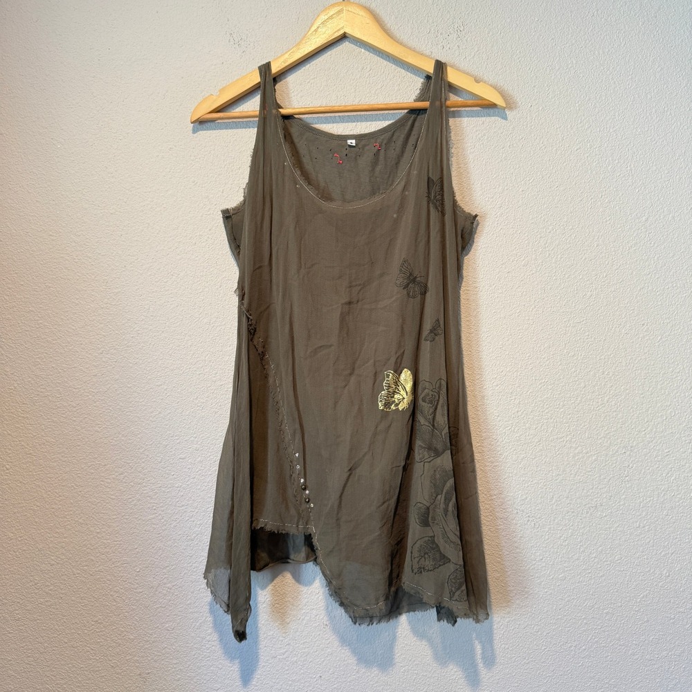 Silk Butterfly Floral Asymmetrical Tunic Top Olive Brown Raw Edge Grunge Small